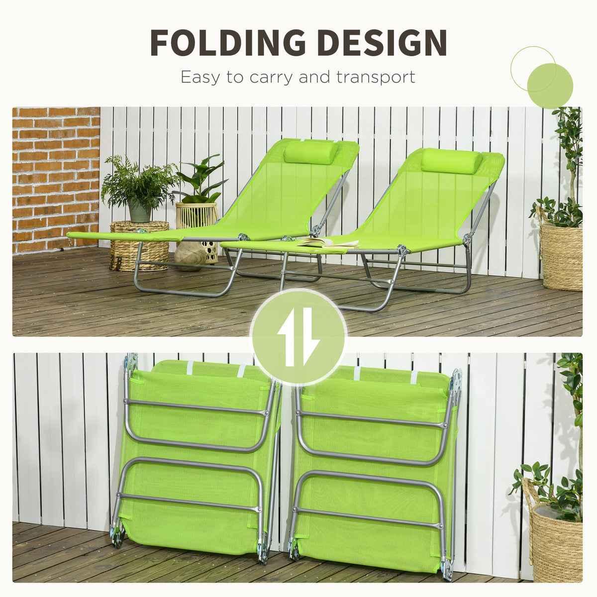 2 Piece Folding Chaise Lounge Chairs Reclining Back Green M249