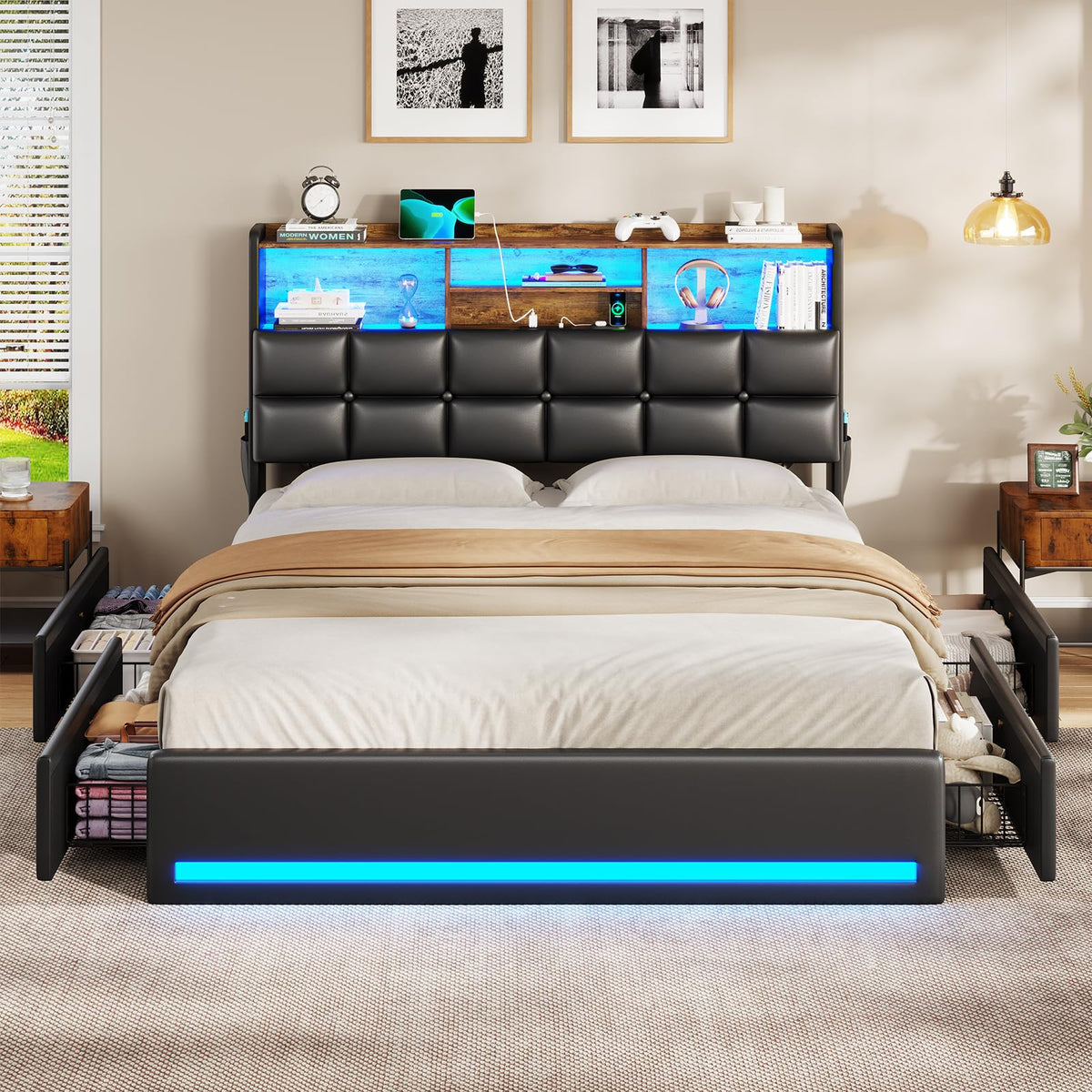 Black Full Size Upholstered Platform Bed Frame with Bookcase Headboard and 4 Drawers P907