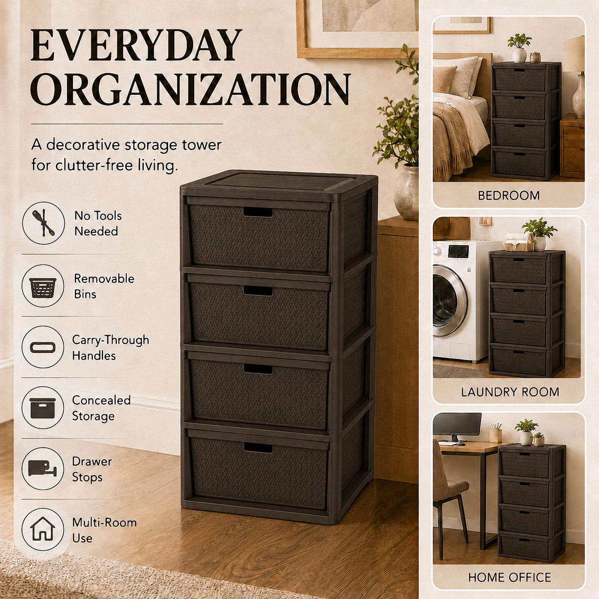 Brown 4-Drawer Plastic Storage Tower Q679972