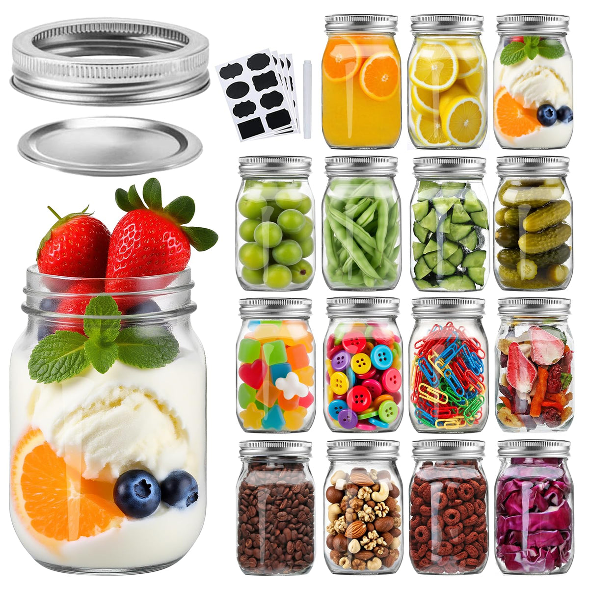16 Pack 16 oz Glass Mason Jars with Airtight Lids and Bands H424521