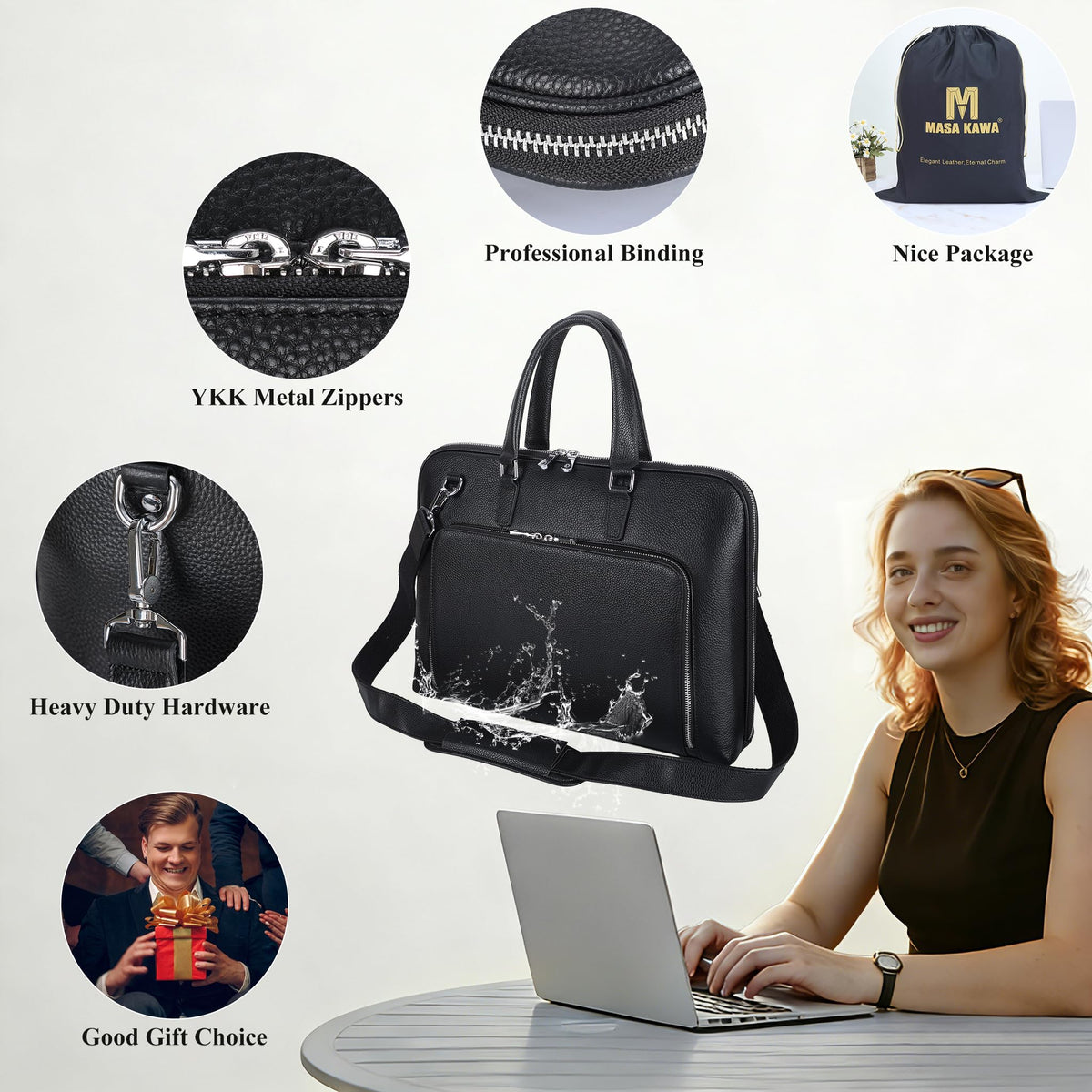 Black Leather 16" Laptop Briefcase Bag E746933