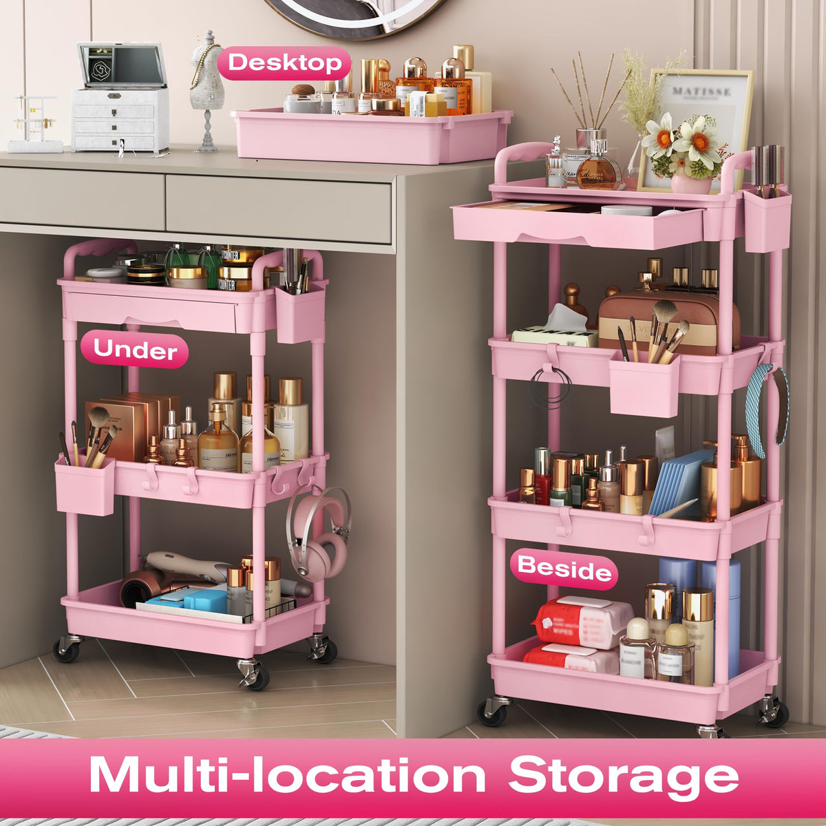 Pink 3 Tier Rolling Makeup Organizer Cart Y683933