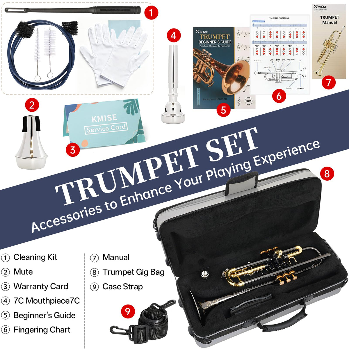 Bb Standard Trumpet with Case, Mouthpiece, Mute, Cleaning Kit D9975