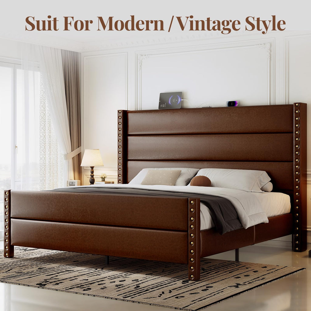 King Size Brown Faux Leather Platform Bed Frame R988