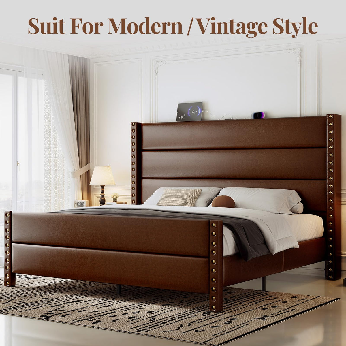 King Size Brown Faux Leather Platform Bed Frame R988