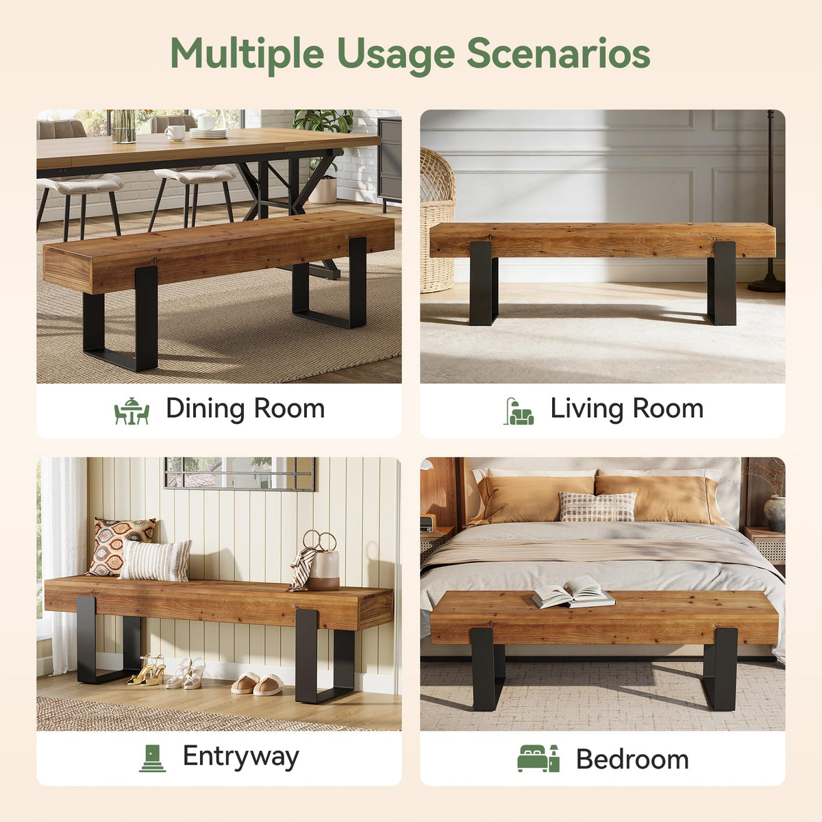 Solid Wooden Entryway Bench with Metal Legs T982588