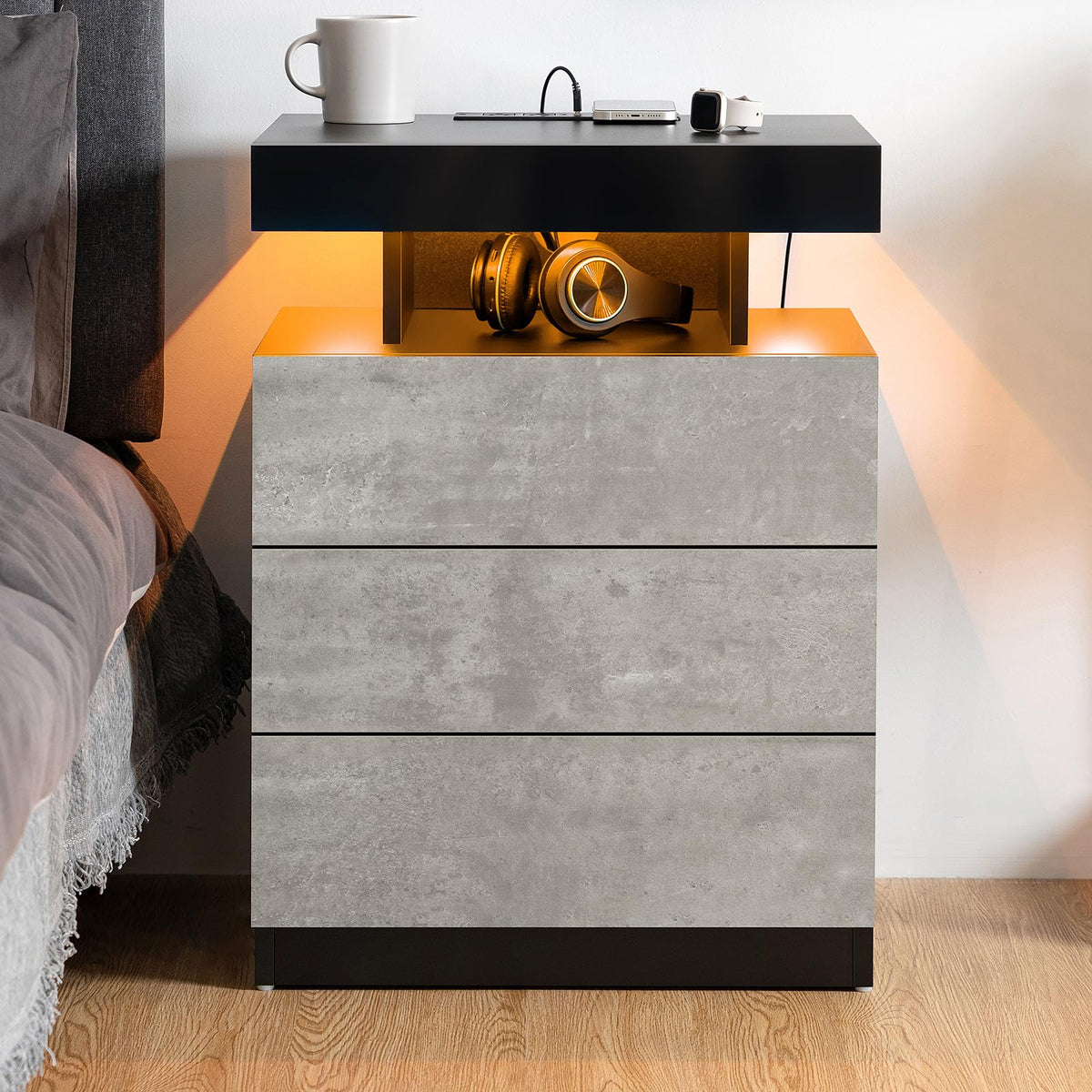 LED Nightstand with Wireless Charging Station & USB Ports, 3 Drawer High Gloss Gray U998200