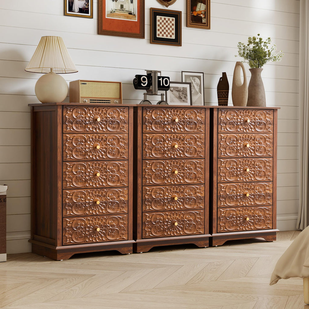 5 Drawer Narrow Wooden Dresser with Gold Handles N395304