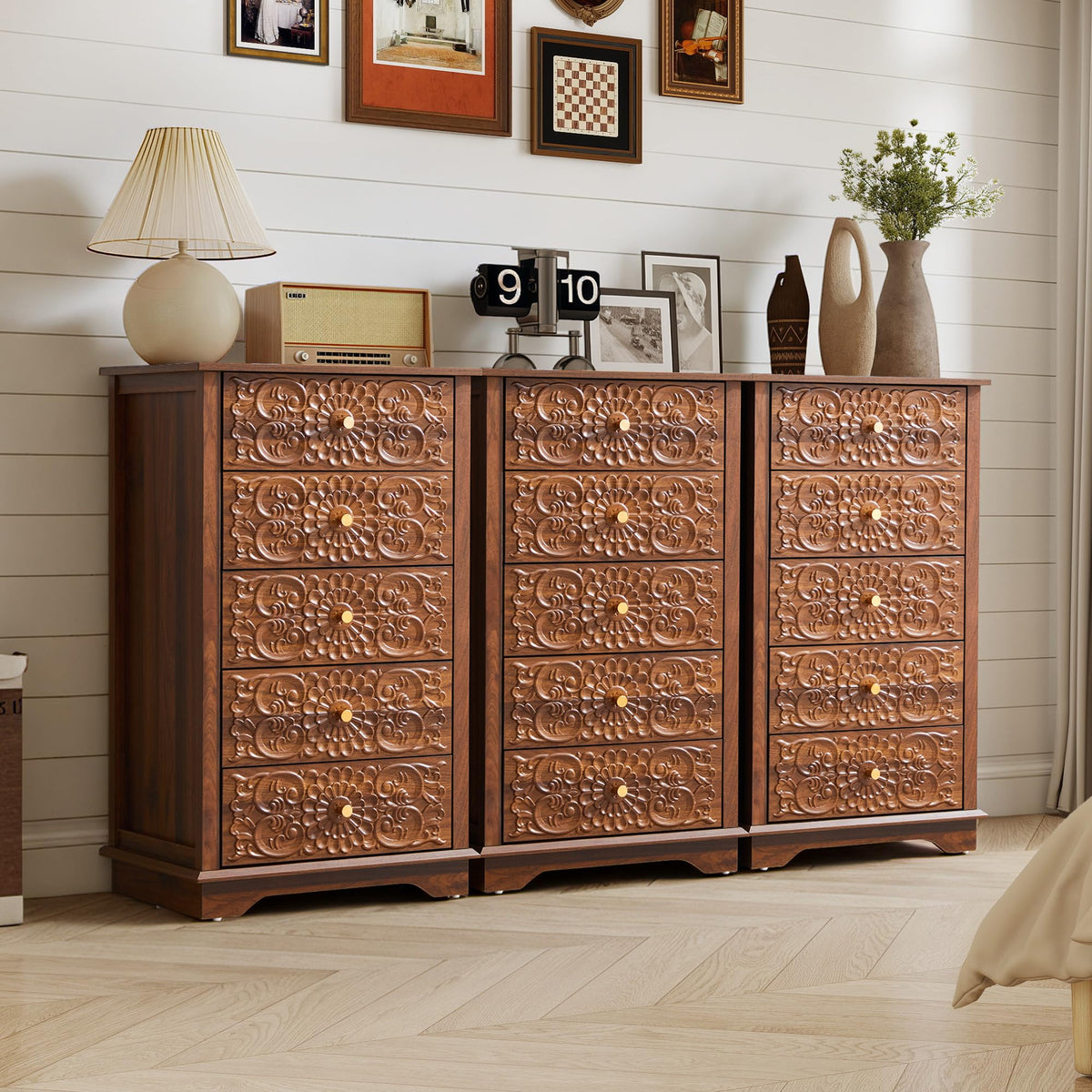 5 Drawer Narrow Wooden Dresser with Gold Handles N395304