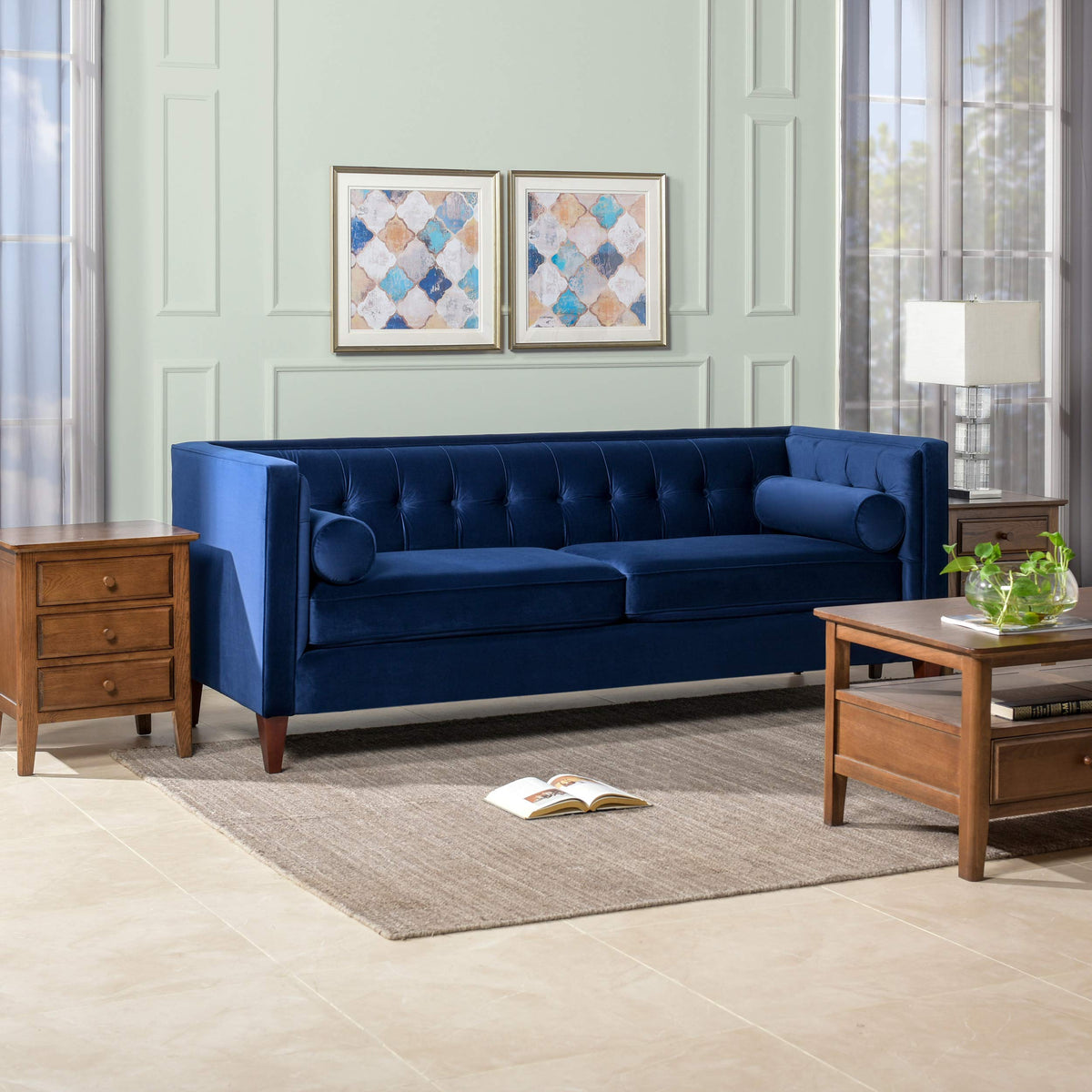 Navy Blue Velvet Tufted Sofa Y103
