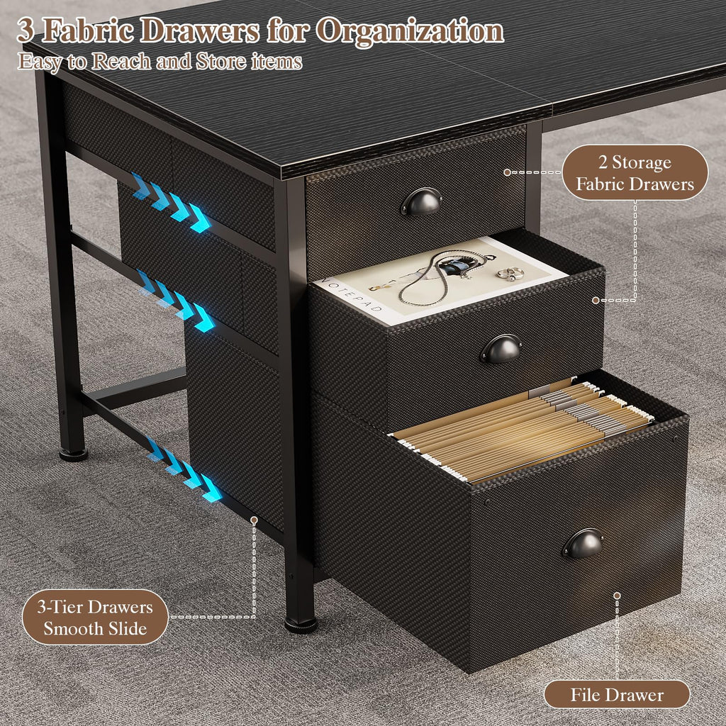63" L Shaped Computer Desk with Outlets Black H396