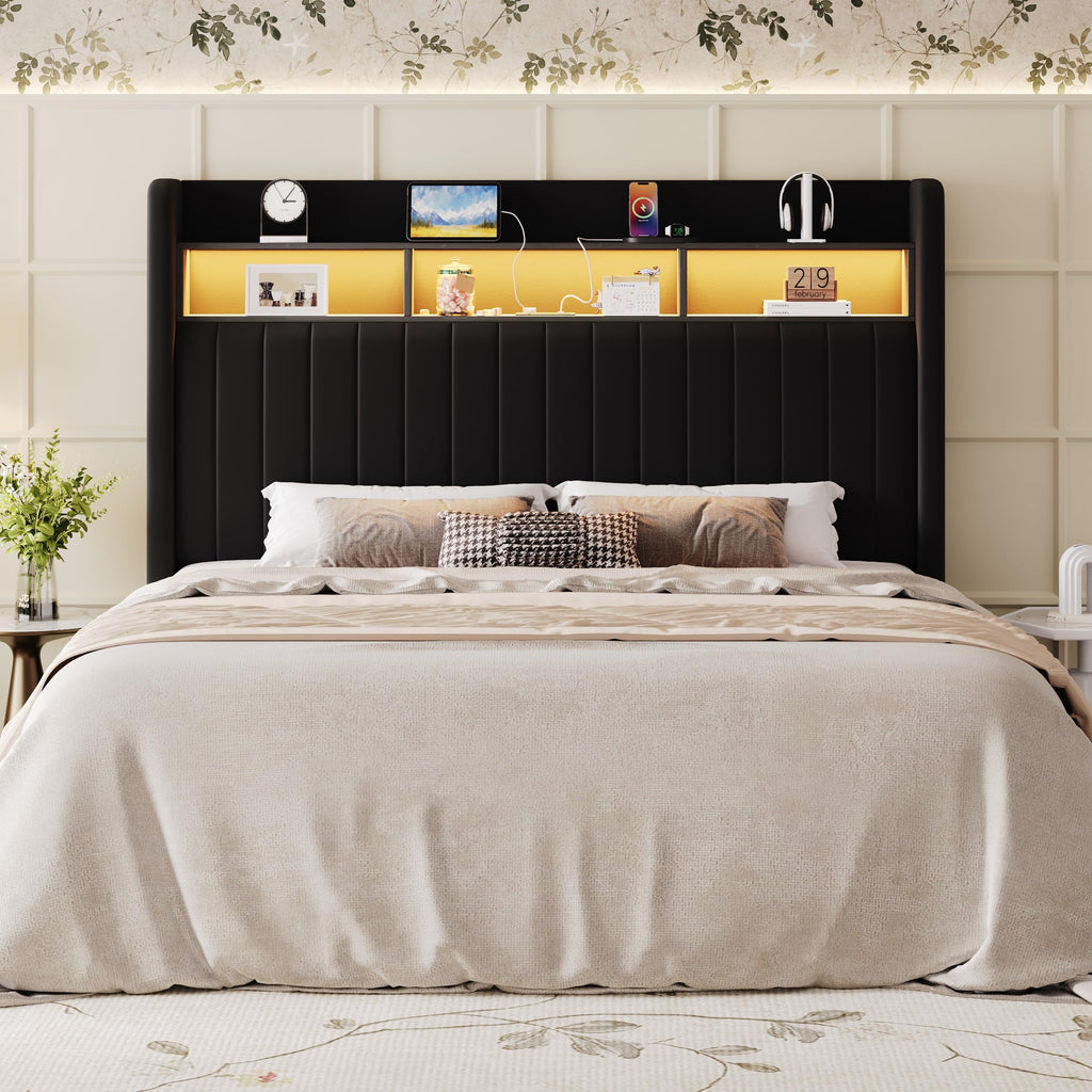 Full Size Velvet Upholstered Platform Bed Frame with Storage Shelf L21533