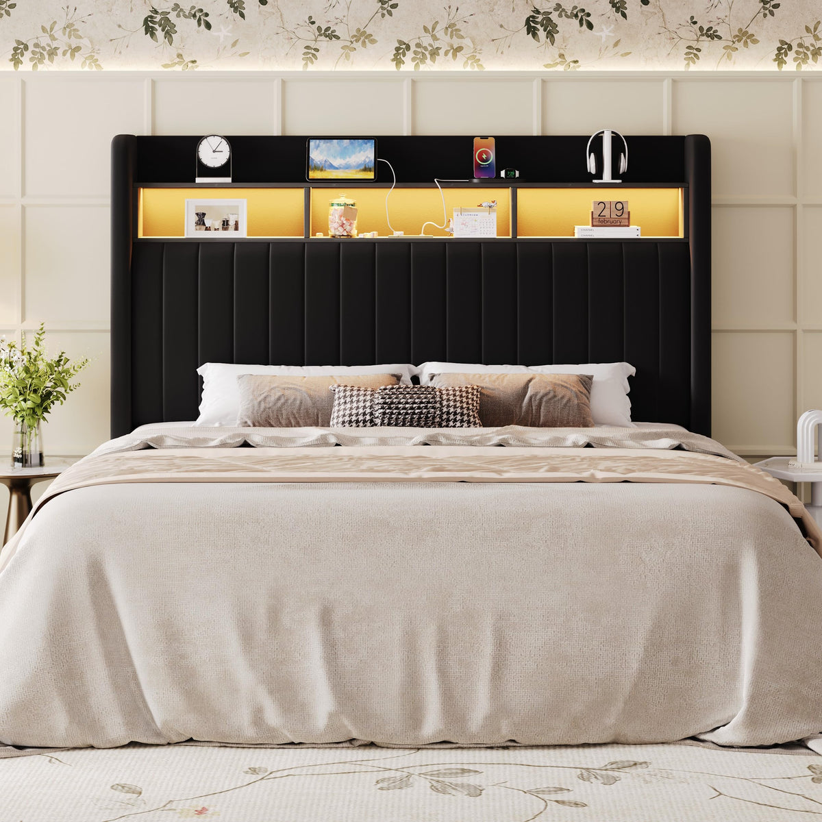 Full Size Velvet Upholstered Platform Bed Frame with Storage Shelf L21533