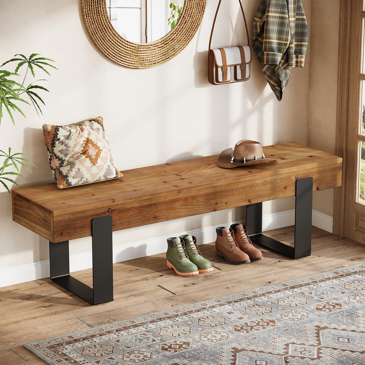 Solid Wooden Entryway Bench with Metal Legs T982588