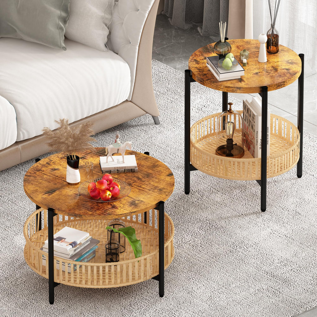 3 Pieces 2 Tier Round Rattan Coffee Table Set with Metal Frame M901255
