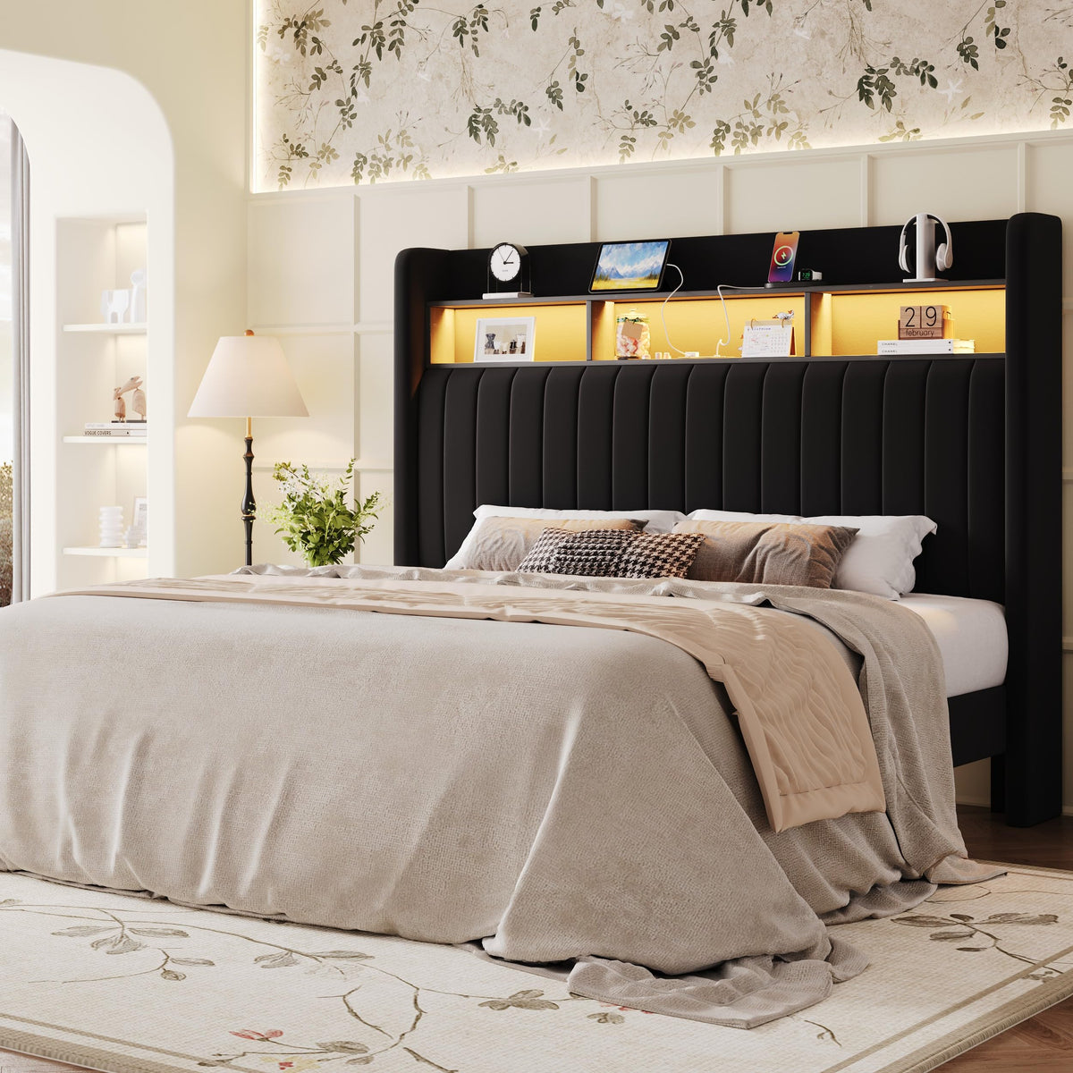 Full Size Velvet Upholstered Platform Bed Frame with Storage Shelf L21533