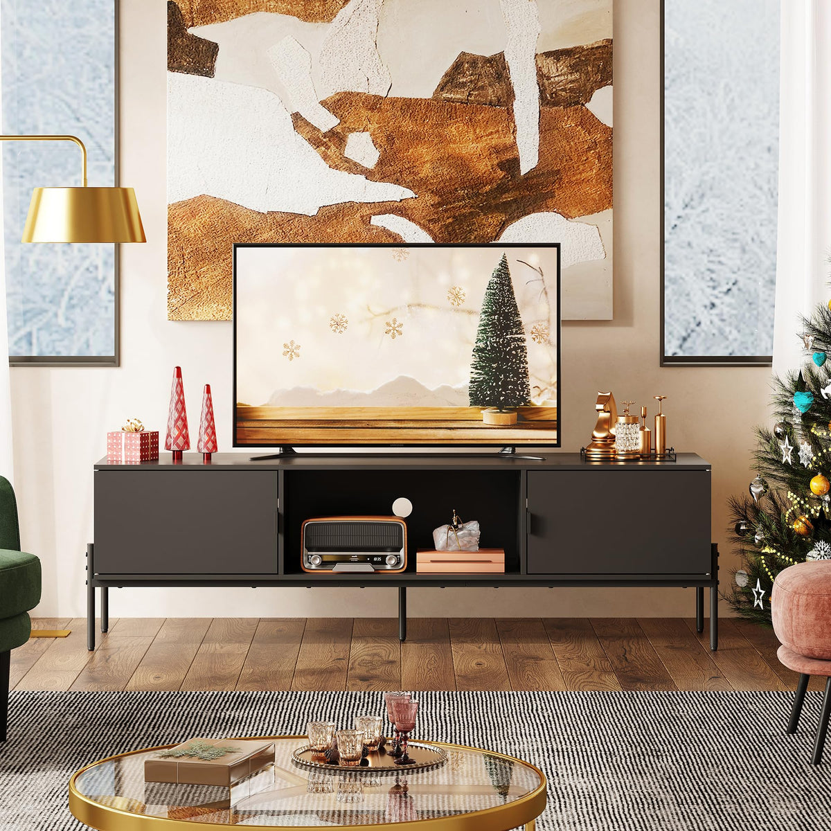 Black TV Stand with Metal Legs J942