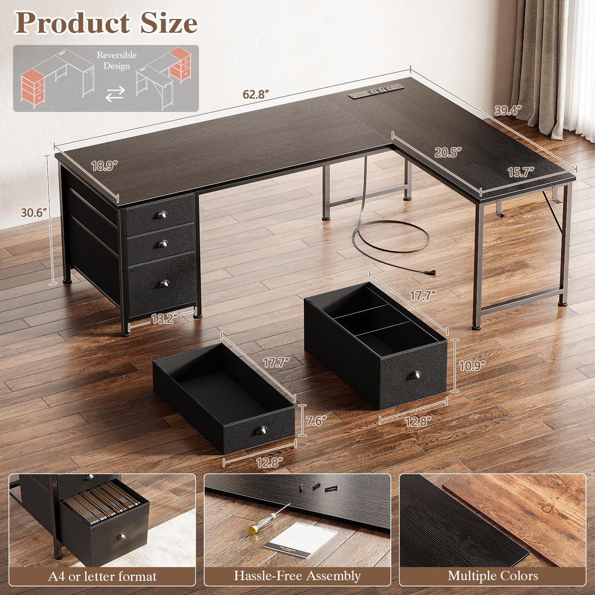 63" L Shaped Computer Desk with Outlets Black H396