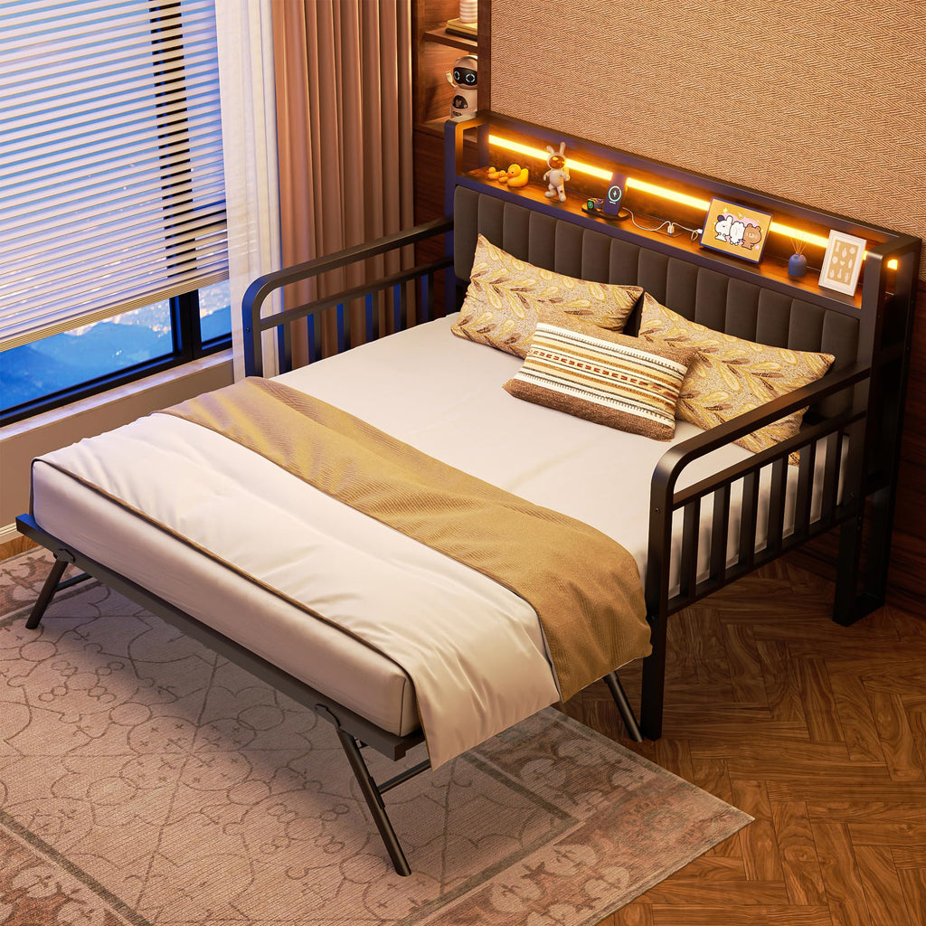 Brown Metal Daybed with Trundle and Storage Headboard H361