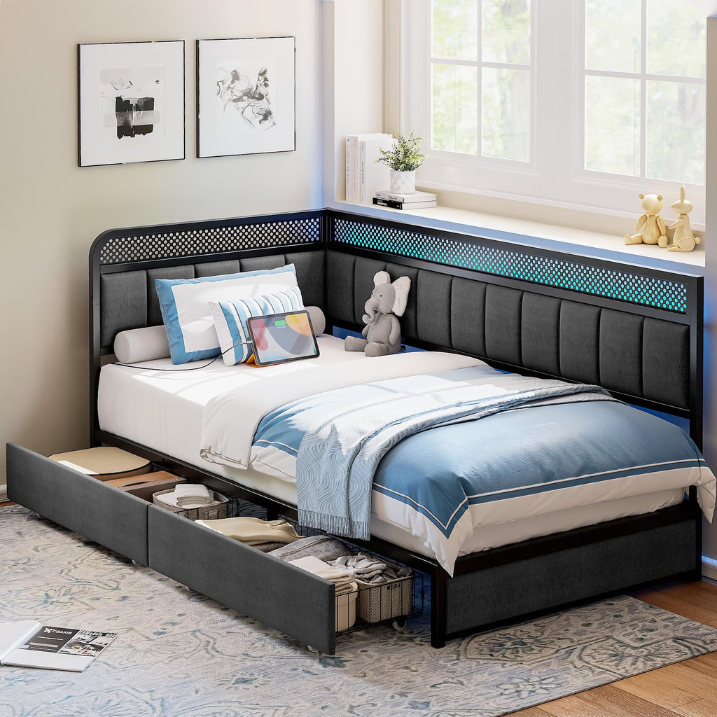 Twin Corner Bed Frame with Upholstered Guardrail B6412