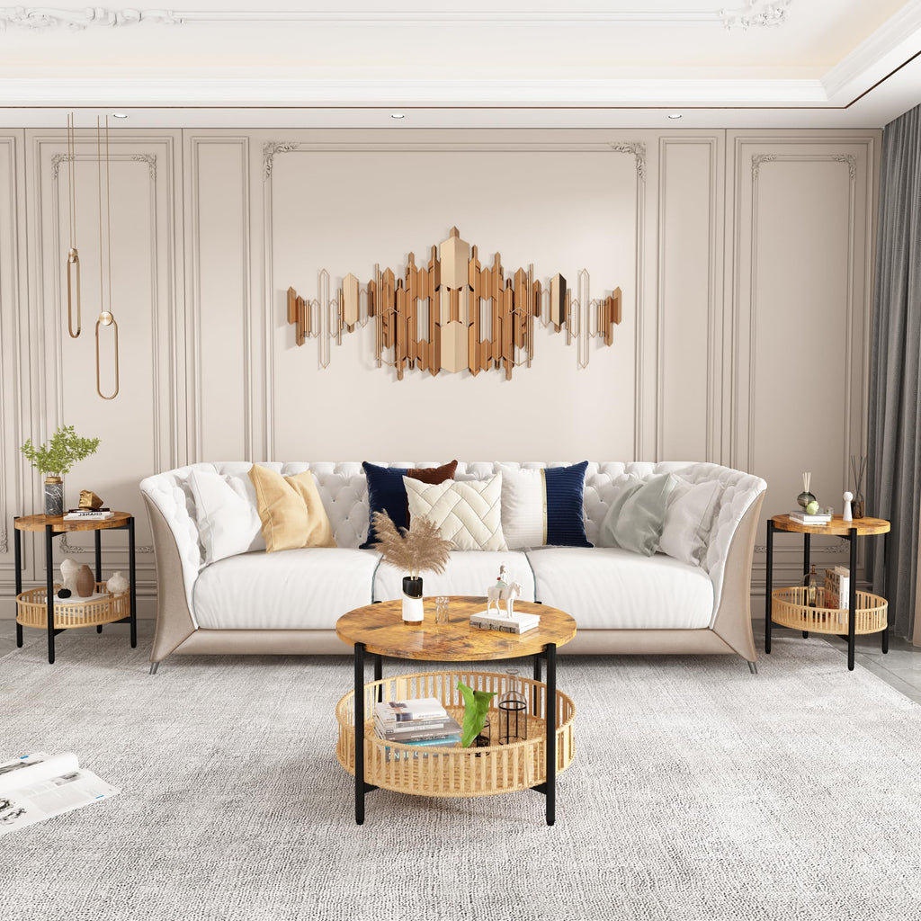 3 Pieces 2 Tier Round Rattan Coffee Table Set with Metal Frame M901255