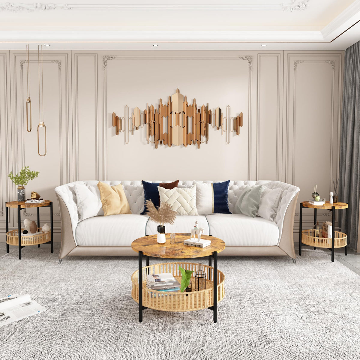 3 Pieces 2 Tier Round Rattan Coffee Table Set with Metal Frame M901255