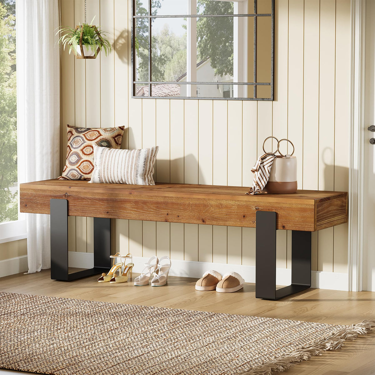 Solid Wooden Entryway Bench with Metal Legs T982588