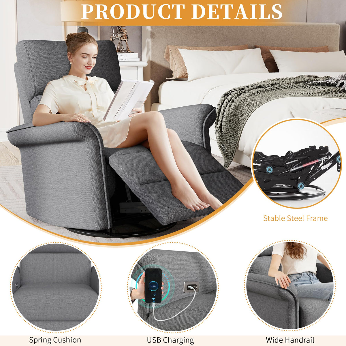 Power Swivel Rocker Recliner Chair Velvet G29477