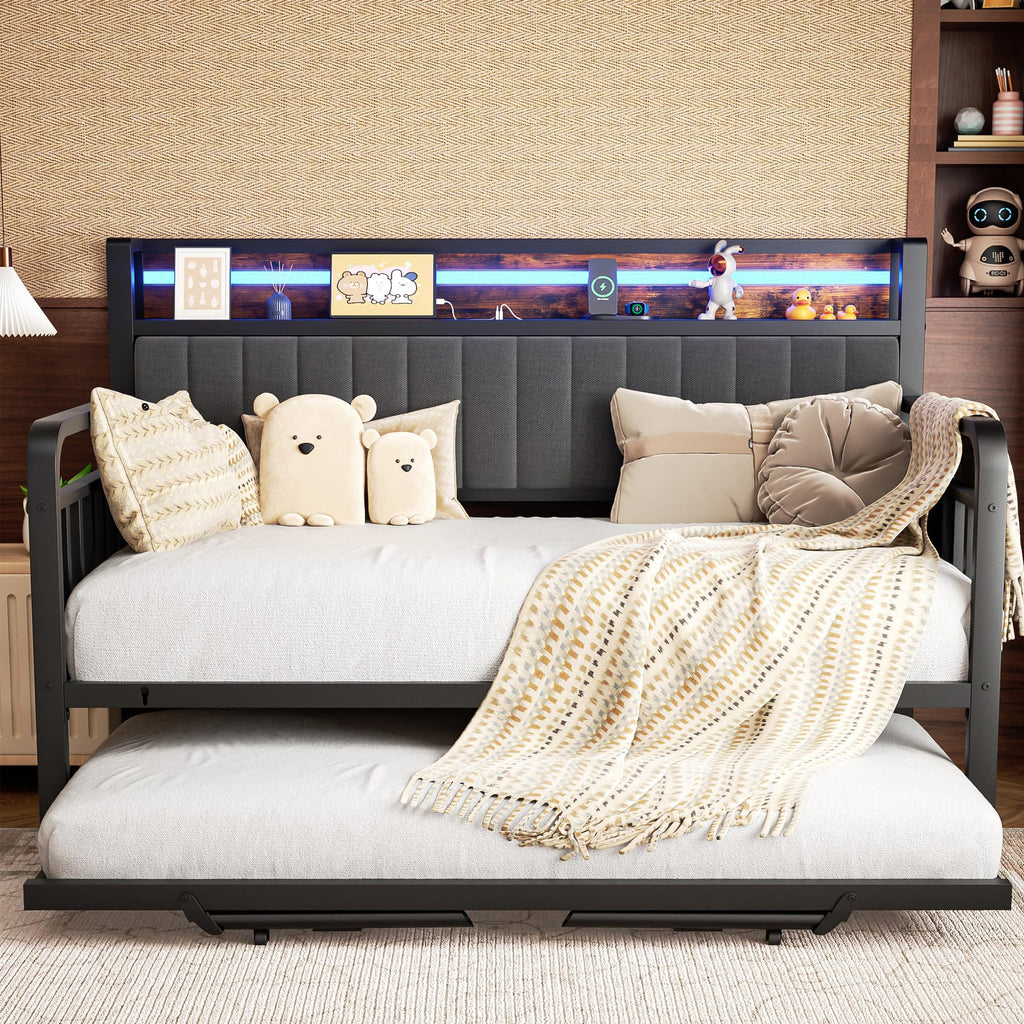 Brown Metal Daybed with Trundle and Storage Headboard H361
