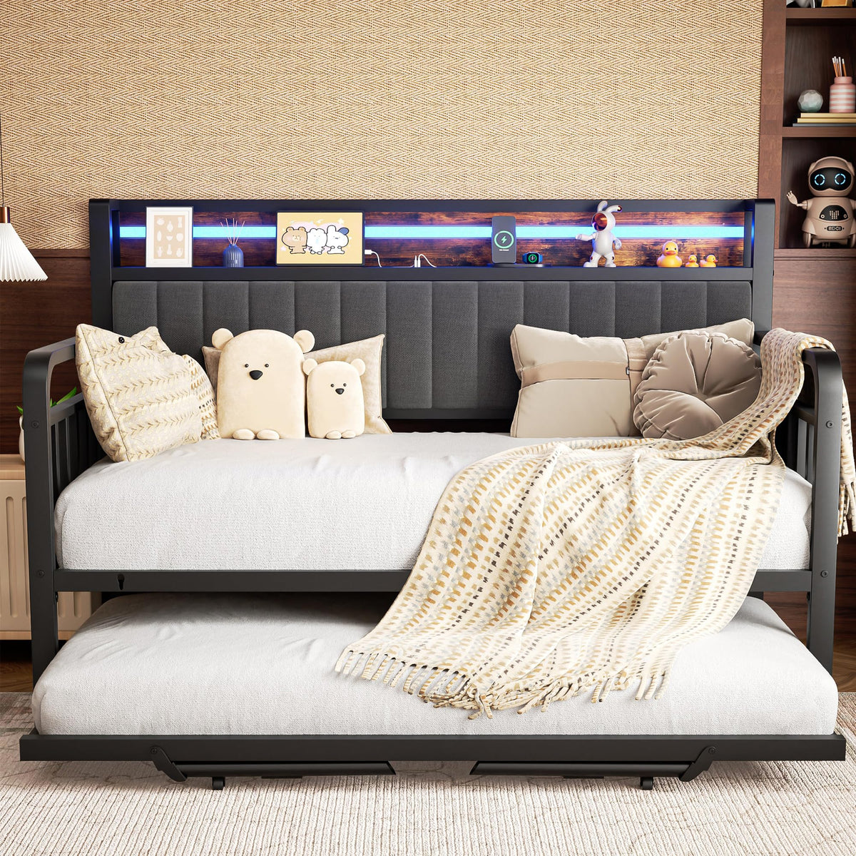 Brown Metal Daybed with Trundle and Storage Headboard H361