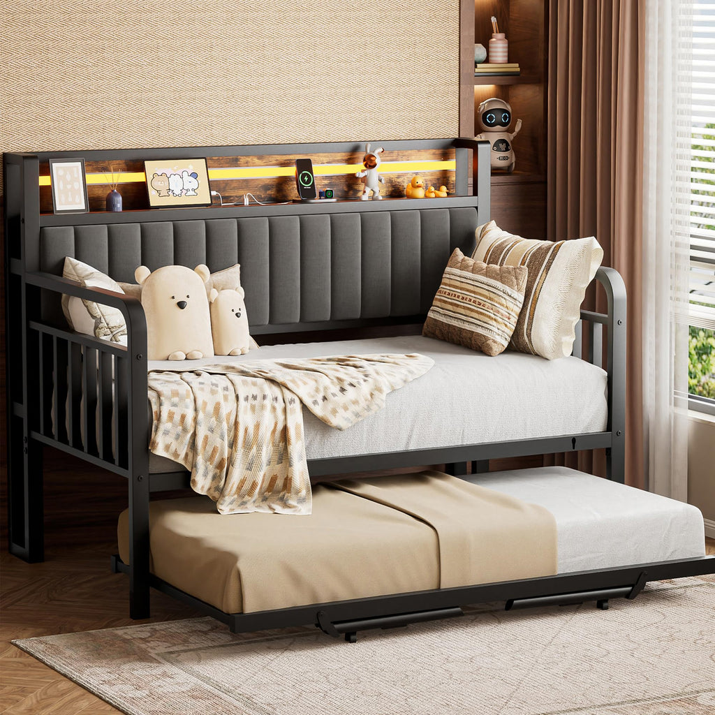Brown Metal Daybed with Trundle and Storage Headboard H361