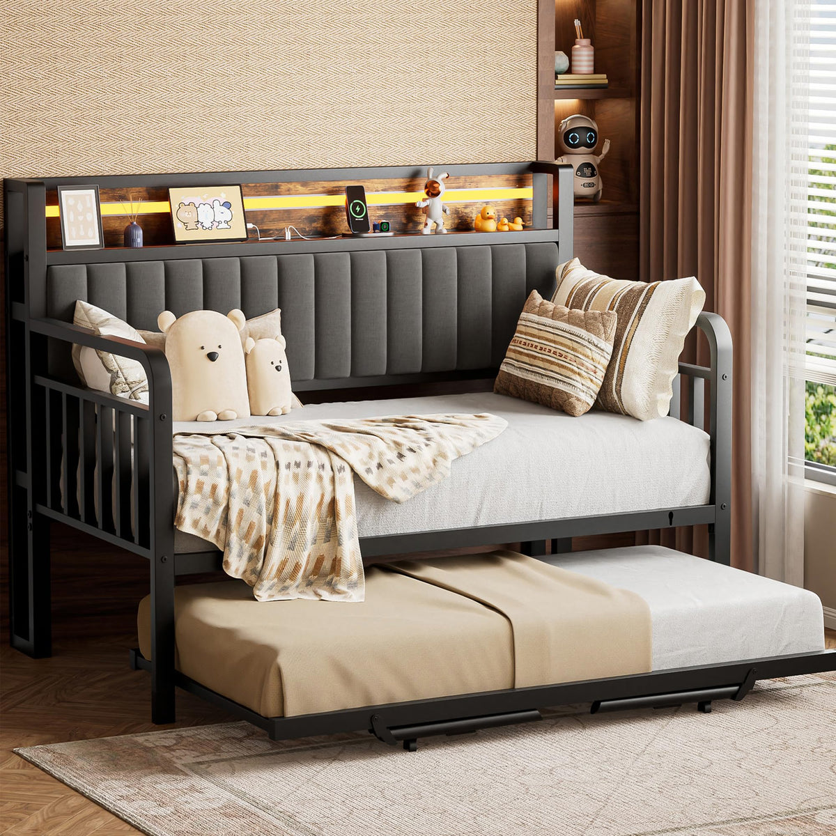 Brown Metal Daybed with Trundle and Storage Headboard H361