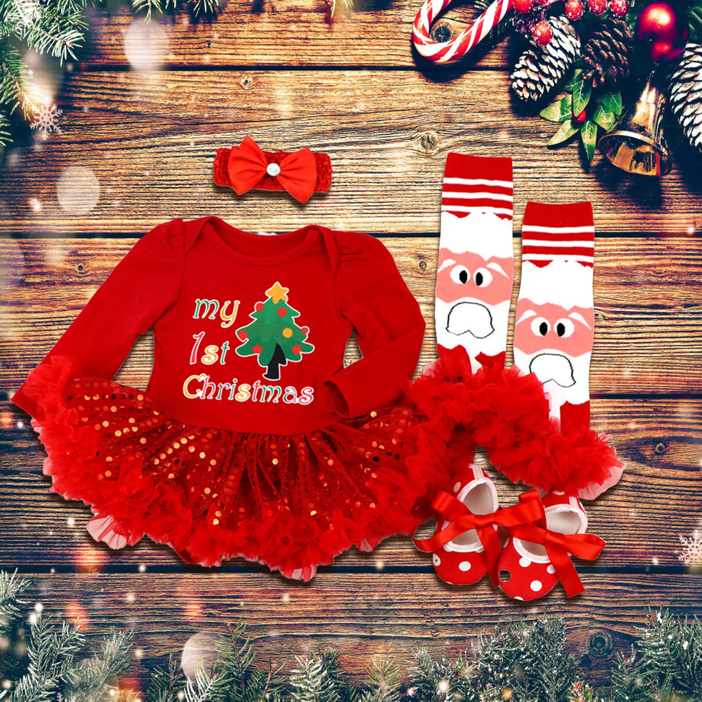 Baby Girls First Christmas Outfit Newborn Romper Tutu Dress with Shoes Headband Leg Warmer E3426