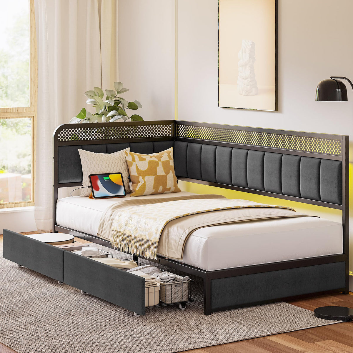 Twin Corner Bed Frame with Upholstered Guardrail B6412